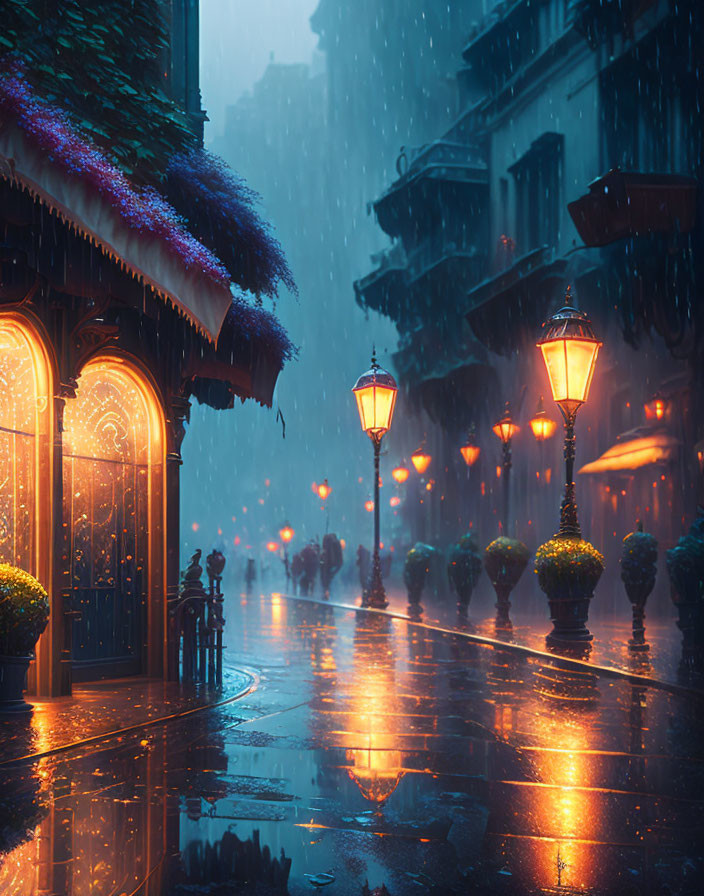 Rainy Dusk Street Scene with Glowing Lamps and Ornate Buildings