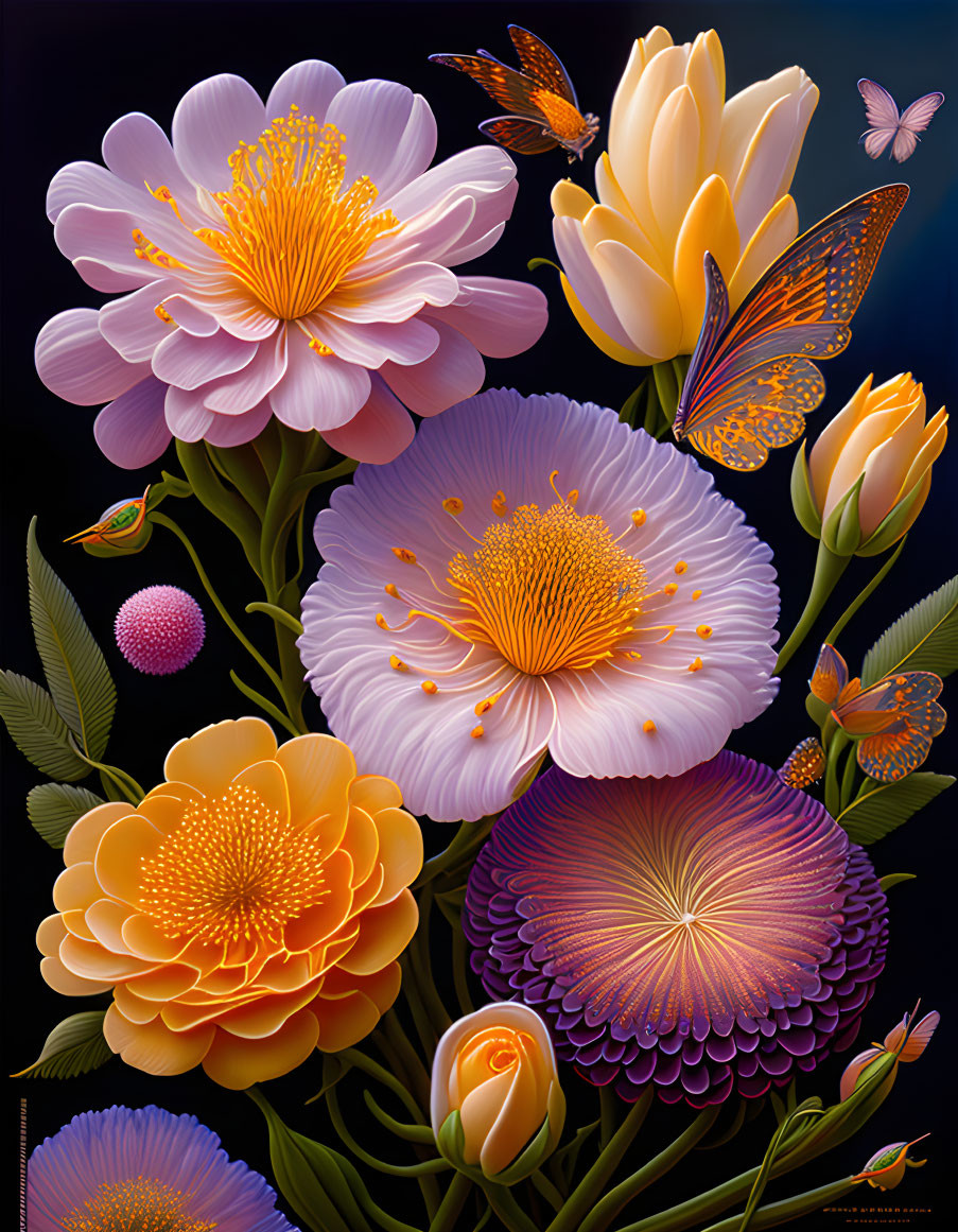 Colorful Orange and Purple Flowers with Butterflies on Dark Background