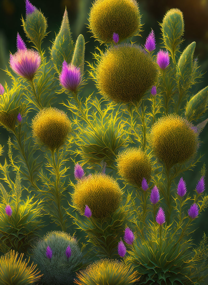 Colorful botanical illustration with greenery, yellow spheres, and purple flowers.