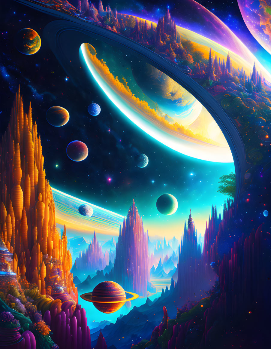 Colorful cosmic landscape with ringed planet, moons, stars, nebulae, and fantastical