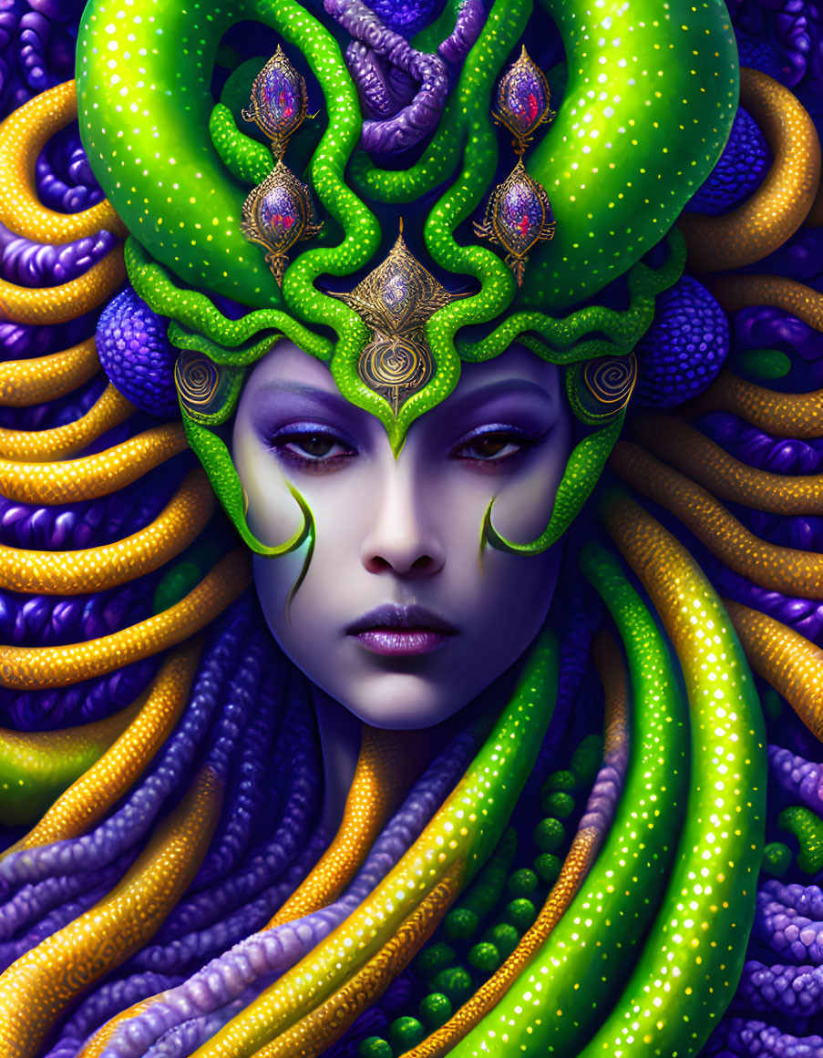 Fantastical female figure with elaborate tentacle headdress.