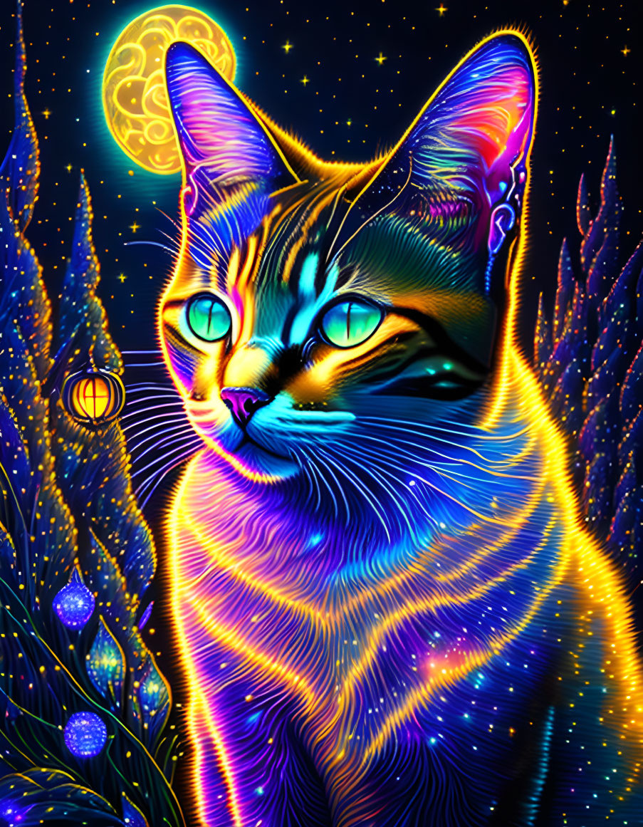 Colorful digital cat art with neon glow and cosmic backdrop