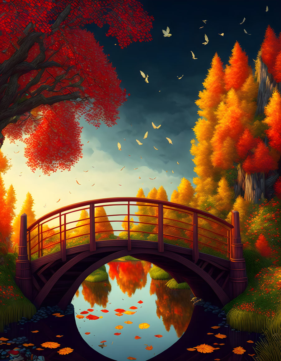 Tranquil autumn landscape with wooden bridge over pond amid colorful trees