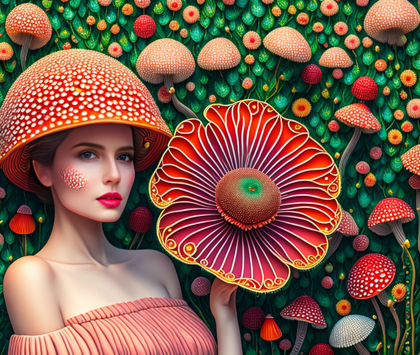 Woman wearing mushroom cap hat holds large mushroom against colorful mushroom backdrop