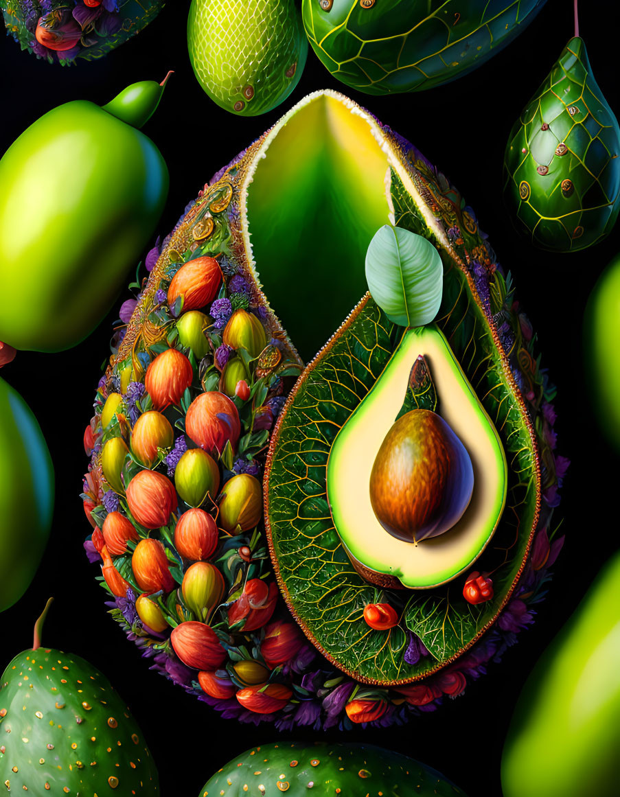 Colorful still life featuring cut avocado, berries, and green leaves