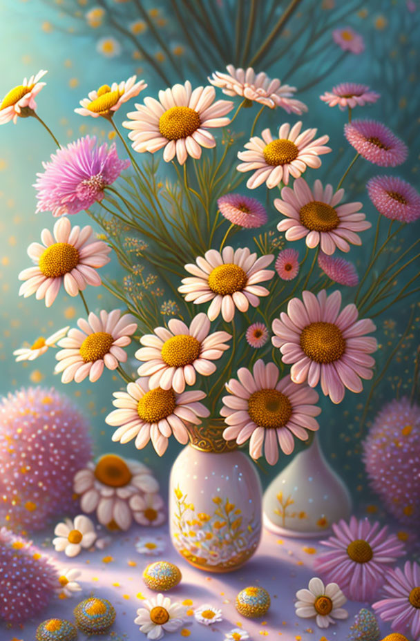 Detailed digital artwork: Pink and white daisies in a white vase