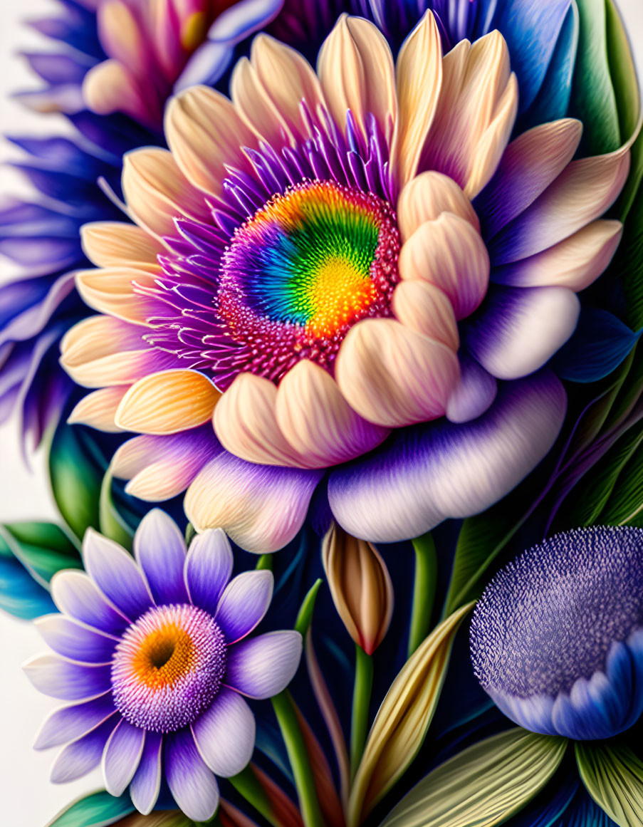 Colorful digital flowers with rich iridescent hues and intricate textures.