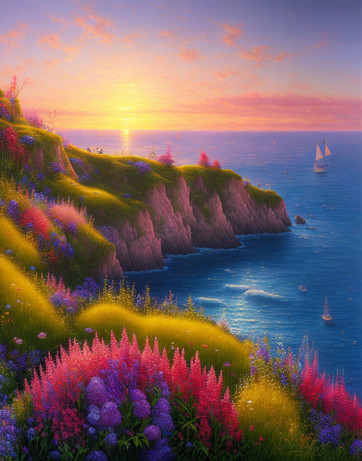 Colorful sunset over cliff-lined coast with flowers and sailboats.