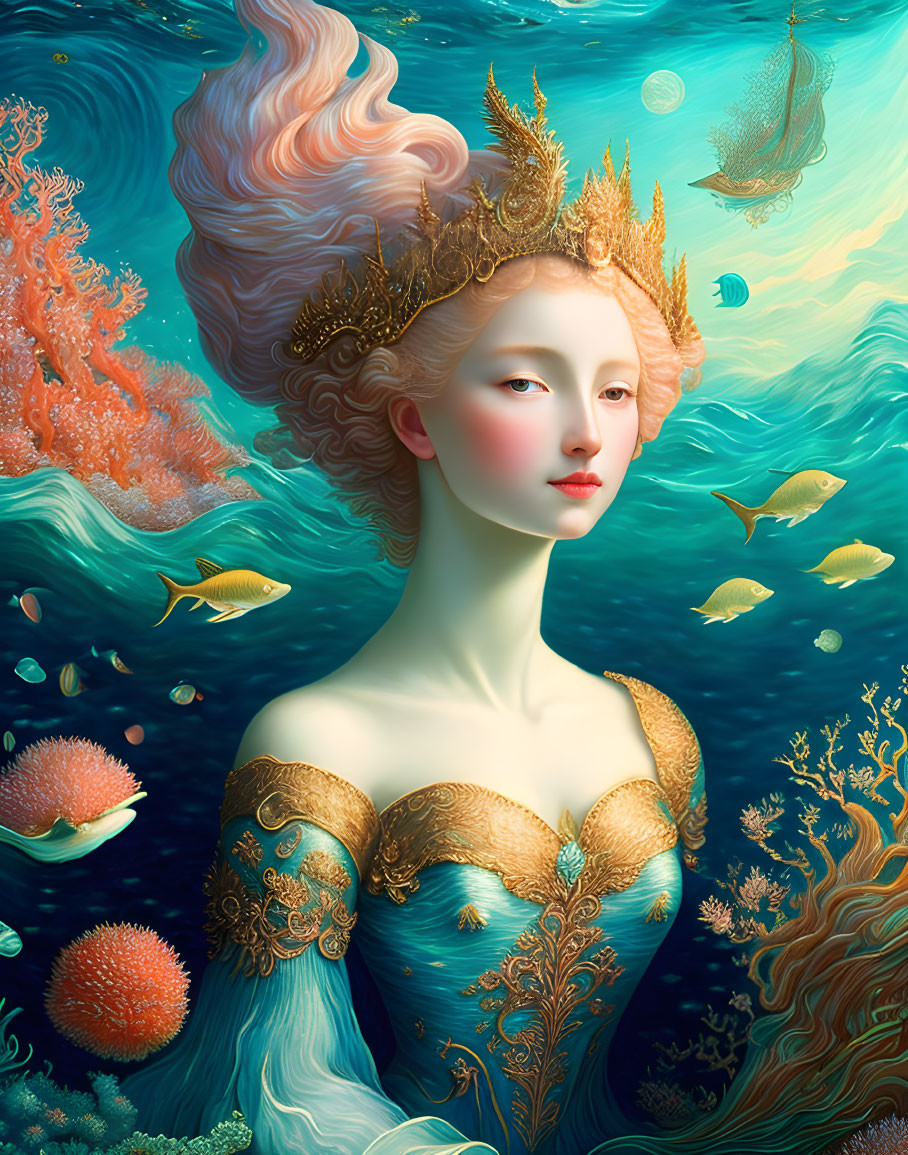 Ethereal woman in gold attire submerged in underwater scene