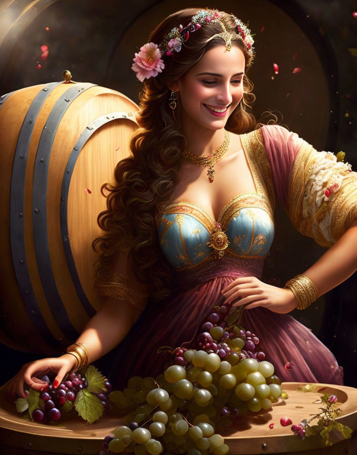 Smiling woman in period-inspired dress with flowers, grapes, and barrel