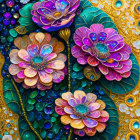 Colorful digital artwork: ornate flowers with jewel tones and gold detailing