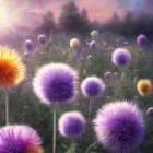 Blooming purple thistle flowers in soft sunlight