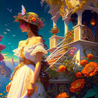 Woman in white dress with gold details among vibrant flowers and lanterns at sunset.