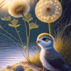 Illustration: Bird with dandelion-like head in magical forest at sunset