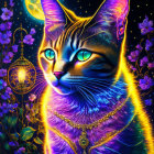 Colorful digital cat art with neon glow and cosmic backdrop