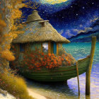 Illustration: Thatched-roof cottage in leaf under starry night sky