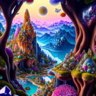 Fantastical landscape with mushroom-like trees, rocky peaks, river, cottage