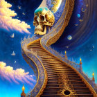 Fantastical staircase leading to skull in starry sky with birds and moons