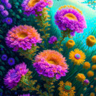 Fantastical purple, pink, and yellow flowers in vibrant digital art