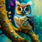 Colorful Owl Painting in Enchanted Forest Scene