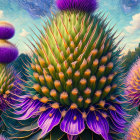 Colorful digital art featuring alien-like plants in purple, blue, and gold hues on teal background