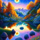 Colorful Surreal Landscape with Mirrored Lake and Swirled Sun/Moon