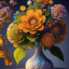 Colorful digital artwork: Floral bouquet in patterned vase with textured, stylized flowers.