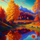 Scenic autumn landscape with orange trees, blue sky, mountains, and reflective lake