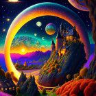 Whimsical fantasy landscape with castle, moons, starry sky & swirling clouds