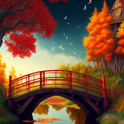 Tranquil autumn landscape with wooden bridge over pond amid colorful trees