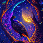 Fantastical scene featuring stylized birds, butterflies, leaves, and stars.
