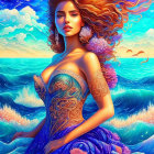 Colorful illustration: Woman with red hair in blue dress surrounded by flowers, waves, and sunny sky