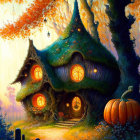 Enchanted treehouse illustration with autumn foliage and pumpkins