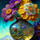 Colorful Flowers in Glass Vase on Starry Blue Background