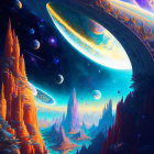 Colorful cosmic landscape with ringed planet, moons, stars, nebulae, and fantastical