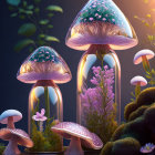 Luminescent jellyfish-like mushrooms in surreal twilight setting