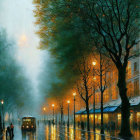 Misty evening scene: glowing street lamps, wet cobblestones, tram, trees, and building