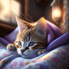 Cat snuggles in floral blanket by window with glowing lantern