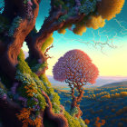 Colorful surreal landscape with twisted trees and rolling hills