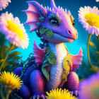 Whimsical dragon-like creature in glowing daisy field on starlit backdrop