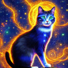 Blue fur cat under full moon in fiery nebula sky