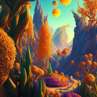 Fantastical landscape with twisted trees, autumn foliage, and rock formations