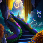 Mystical stairway in vibrant flora under starry sky with cloaked figure.