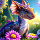 Colorful whimsical purple dragon in vibrant flower garden.