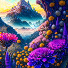 Vibrant Stylized Landscape with Colorful Mountains & Whimsical Sky