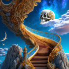 Surreal illustration: golden staircase, autumn tree, floating skull, starry sky