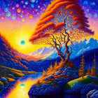 Colorful Psychedelic Landscape with Swirling Sky, Fiery Tree, Rivers, Mountains, and