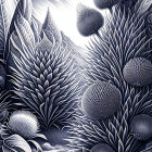 Detailed Monochrome Botanical Illustration of Layered Petals & Textured Blooms