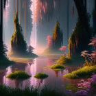 Tranquil forest landscape with lush greenery and pink foliage