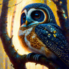 Detailed illustration of owl on tree branch with autumn leaves